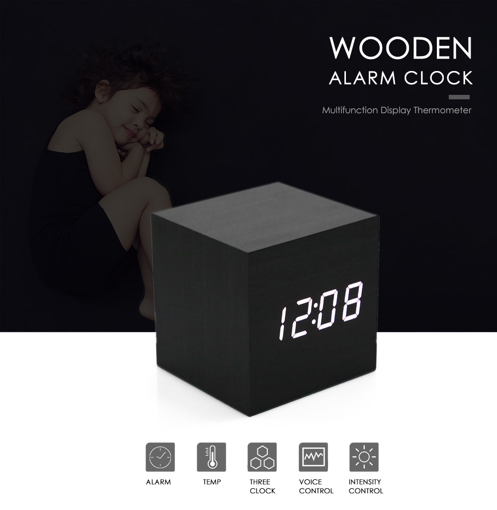 Display Thermometer Wooden Alarm Clock
