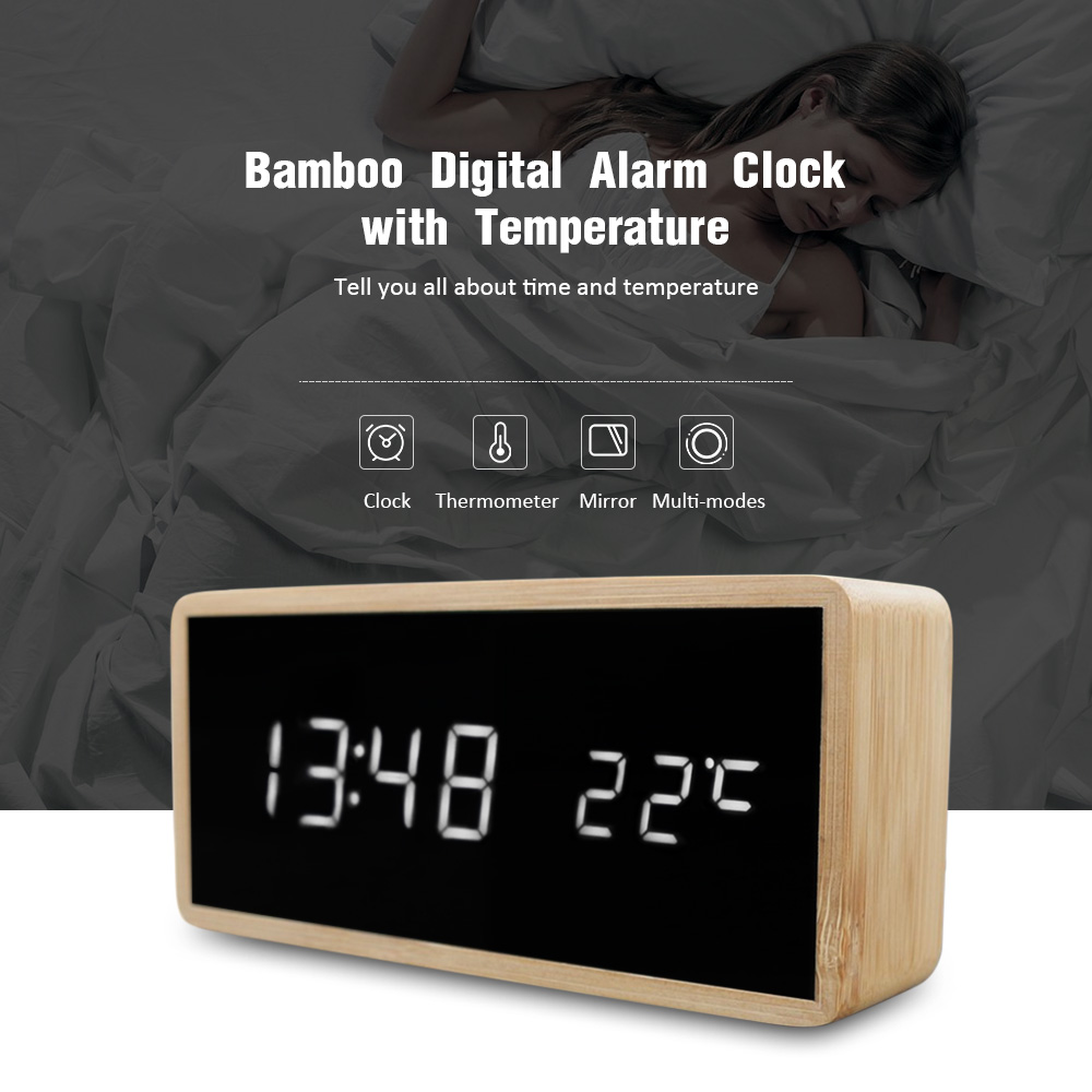 Bamboo Wooden Alarm Clock LED Display with Mirror Temperature Digital Watch
