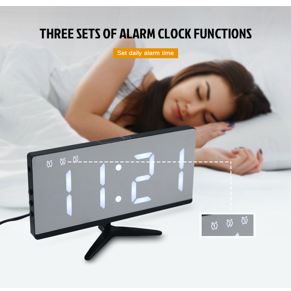 LED Mirror Digital Alarm Clock Multifunction Snooze Display Time with Bracket