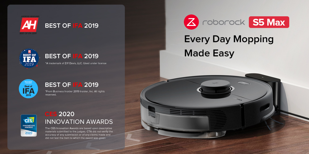 Roborock S5 Max Laser Navigation Robot Vacuum Cleaner with Large Capacity Water Tank Off-limit Area Setting AI Recharge - Black EU Plug